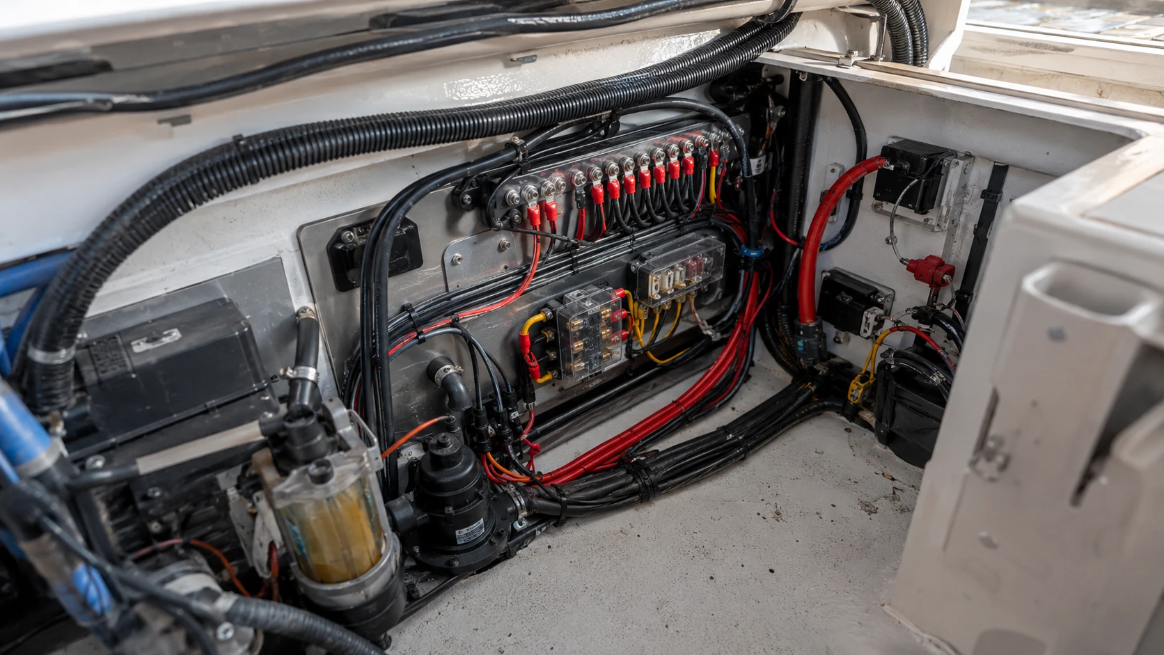 Câblage électrique organisé dans une zone technique de bateau